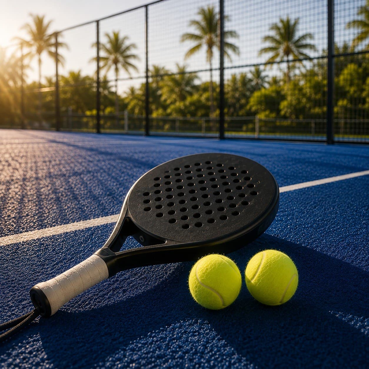 Pala de pádel y pelotas sobre la cancha